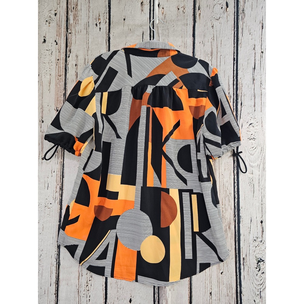 Karl Lagerfeld Paris‎ Button Up Blouse Womens M Orange Geometric Logo Drawstring - Picture 5 of 8